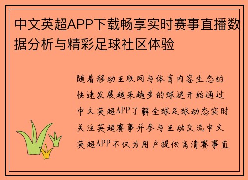 中文英超APP下载畅享实时赛事直播数据分析与精彩足球社区体验