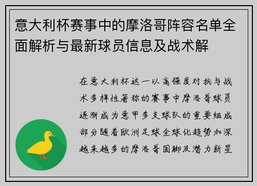 意大利杯赛事中的摩洛哥阵容名单全面解析与最新球员信息及战术解